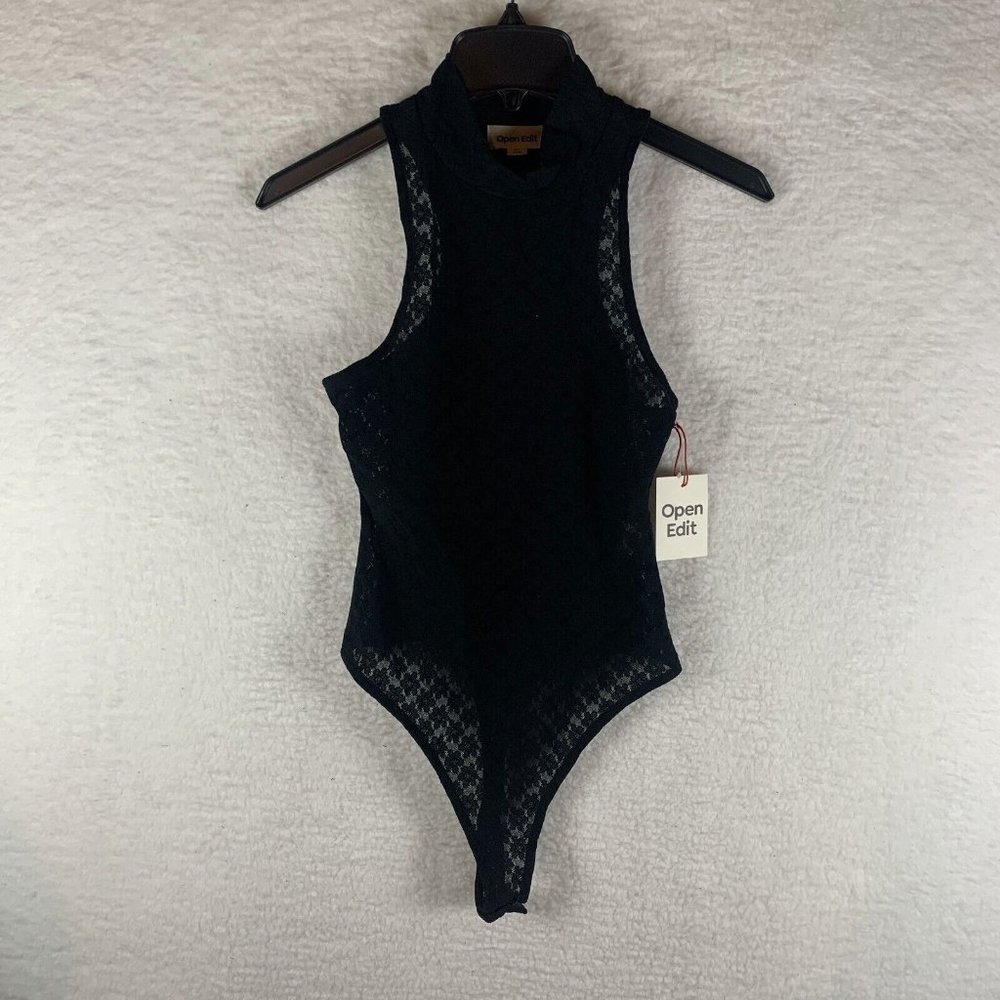 Open Edit Body Suit Women‎ Size X-Small Black Mock Neck Lace Floral Stretch 6384